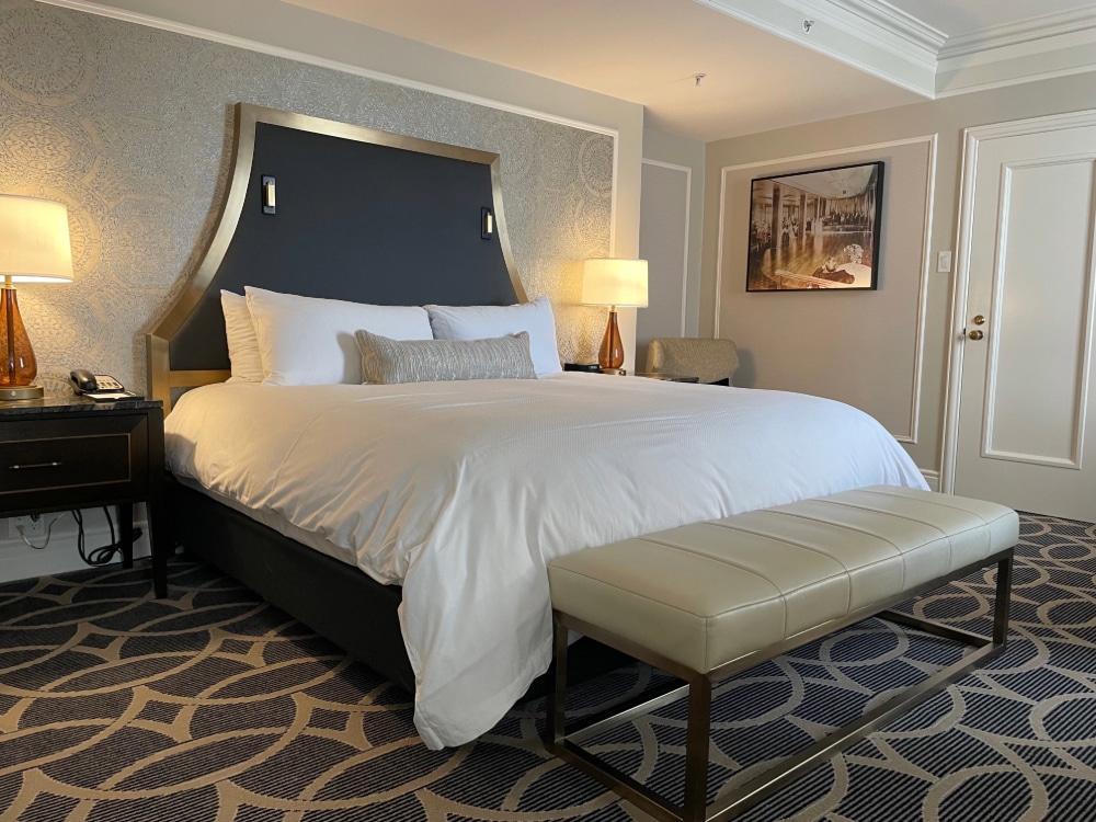 king bed in a luxurious room at the Fairmont Hotel Vancouver