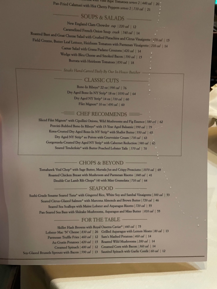 main course menu from a traditional steakhouse