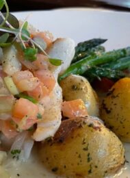 halibut cheeks with citrus salad, asparagus and new potatoes