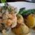 halibut cheeks with citrus salad, asparagus and new potatoes