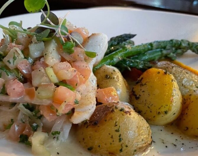 halibut cheeks with citrus salad, asparagus and new potatoes