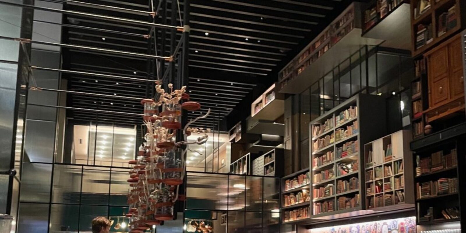 contemporary restaurant with a decorative wall of books