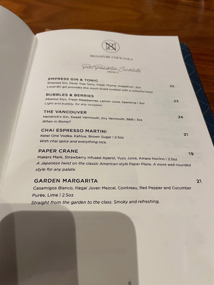 cocktail menu page