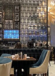 a hotel bar with contemporary decor