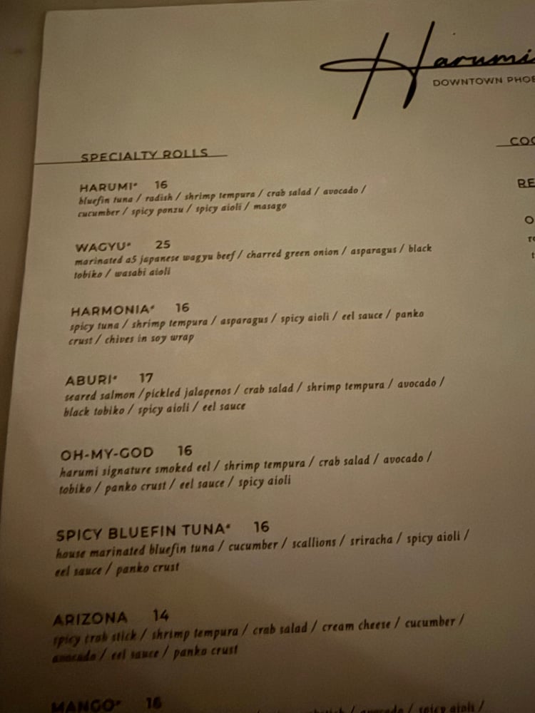 a page from a sushi restaurant menu