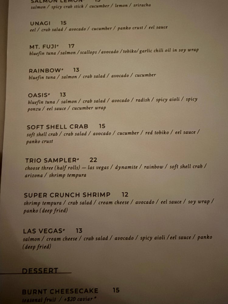 a page from a sushi restaurant menu