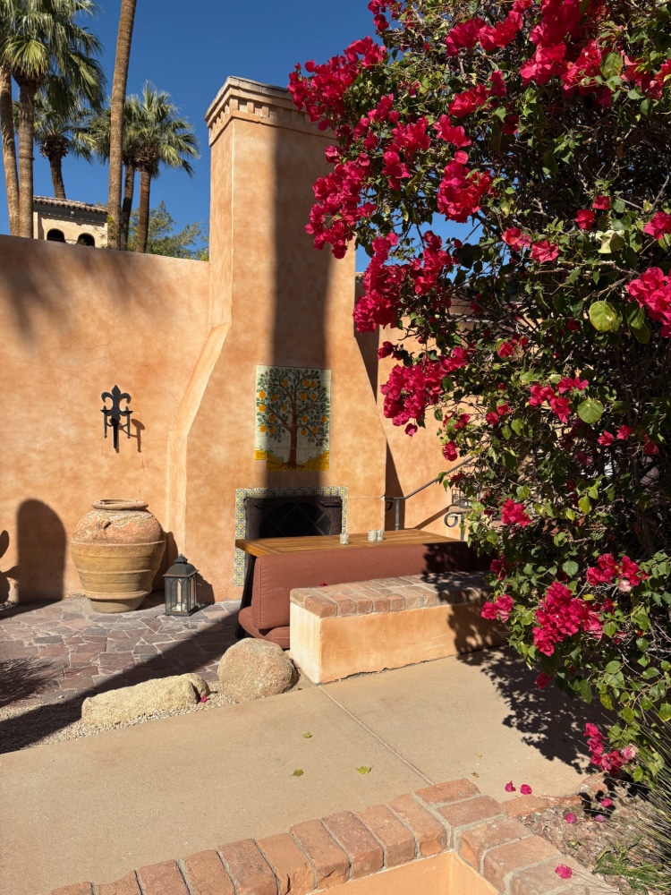 pink flowers on a shrub near an outdoor fireplace