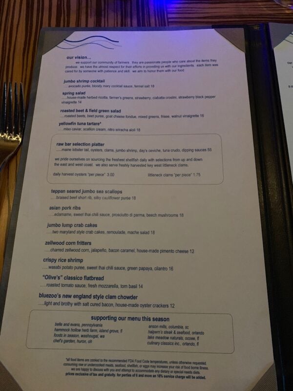 Appetizer Menu at Bluezoo