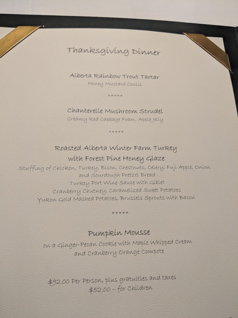 Thanksgiving Dinner Menu at the Post Hotel, Sunday October 7, 2018