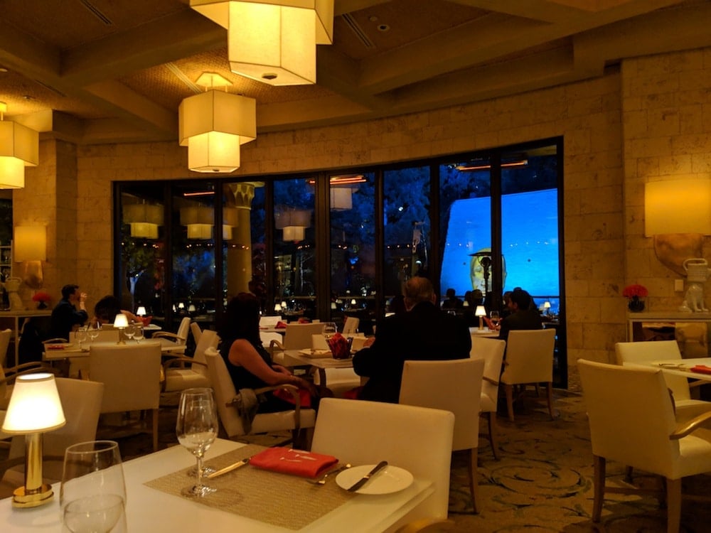 View of restaurant and Lake of Dreams performance