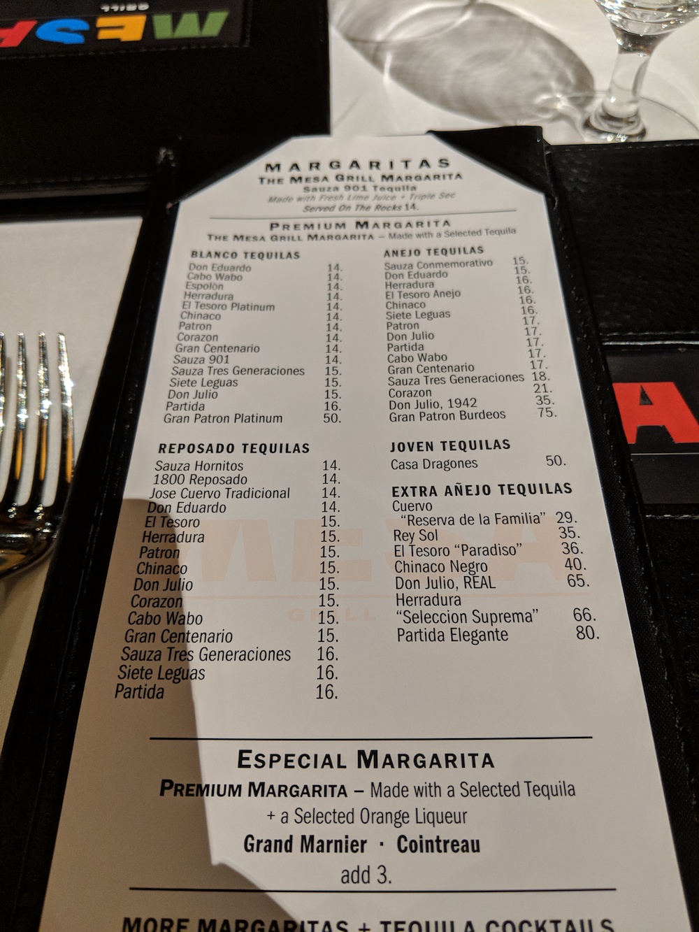 Large selection of margaritas