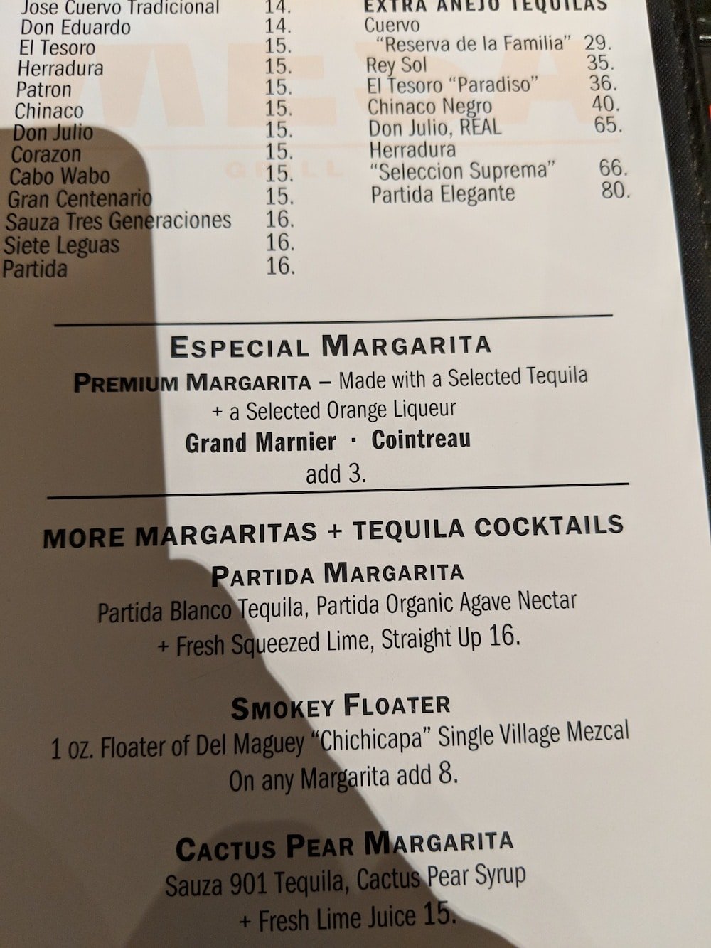 Margarita menu,